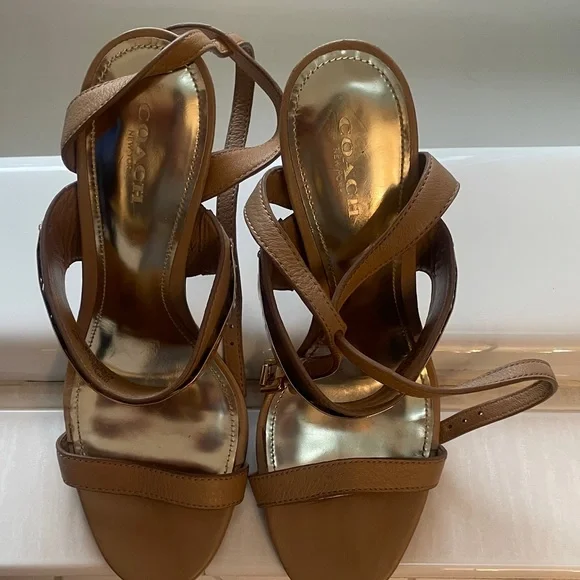 Coach Brown and Gold Strappy Heels - Picture 2 of 9